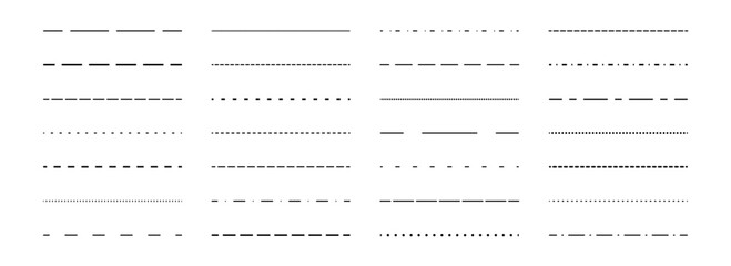 Poster - Black straight dashed line set. Dotted dividers and separators design element collection. Broken stroke pack for underline, emphasis, highlight. Repeated dash thin lines bundle. Vector