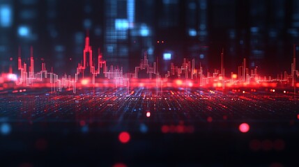 Poster - futuristic abstract data visualization with glowing red and blue lines forming a digital landscape.