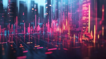Poster - futuristic cityscape with neon digital data visualizations and glowing graphs, representing technolo