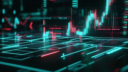 Poster - Futuristic data analysis interface with vibrant neon elements depicting stock market trends and digital information.