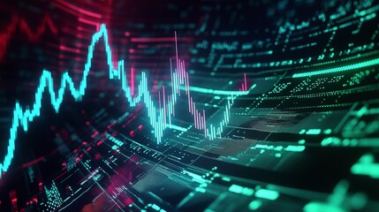 Poster - futuristic data visualization with colorful graphs and digital elements against a dark background.