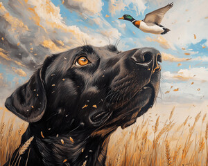 A Duck Dog's Dream, Hunting Landscapes, Dog Art, Illustrated Oil Painting, Hunting Scenes, minimalist art, nature inspired, cool tones, wall art, home decor, animal portrait, Waterfowl, Feathers