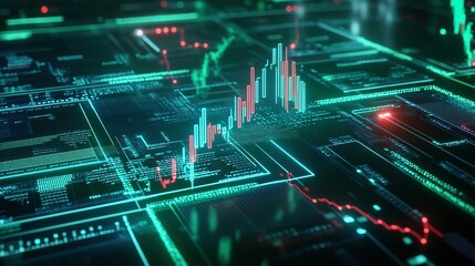 Poster - futuristic data visualization with vibrant graphs and digital interfaces showcasing market trends.