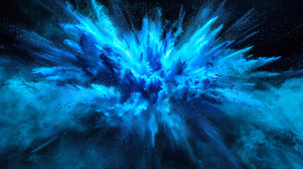 the shock. a powerful explosion of a blue powdery substance. a blue cosmic explosion of holi colors 