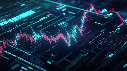 Poster - futuristic digital data visualization with colorful graphs and analytics on a dark background.