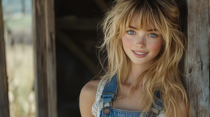 Poster - A joyful girl with blue eyes and blonde hair in overalls beams as she stands beside a rustic barn in soft morning light.