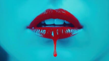 Closeup of a vamp womans lips dripped in blood, evoking a dark fantasy vibe, perfect for Halloweens eerie allure.