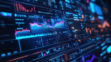 Poster - futuristic digital data visualization with graphs and charts on a dark background.