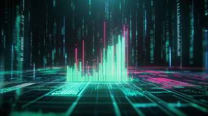 Poster - futuristic digital data visualization with graphs and numbers in a vibrant electronic theme.