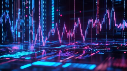 Poster - futuristic digital data visualization with vibrant neon colors and intricate patterns representing t
