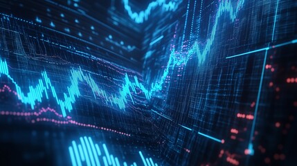 Poster - futuristic digital financial data visualization with dynamic graphs and charts in blue tones, repres
