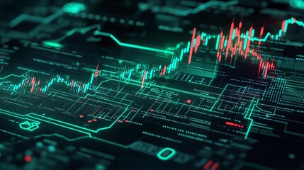 Poster - Futuristic digital graphs and charts in vibrant green and red, representing data analysis and finance trends.