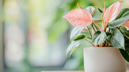 A small pink plant is in a white pot