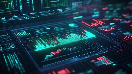 Poster - futuristic digital interface with data analysis graphics in vibrant colors.