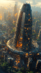 Poster - A futuristic city with a towering, illuminated skyscraper.