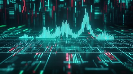 Poster - futuristic digital visualization with abstract data waveforms and colorful matrix elements in a mode