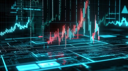 Poster - futuristic financial chart with glowing lines and data points on a digital interface.
