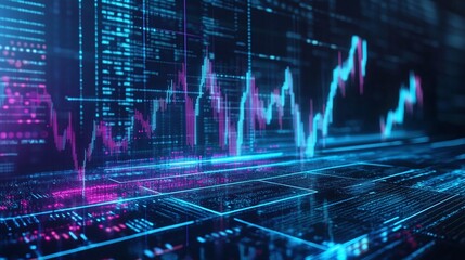 Poster - futuristic financial data visualization with vibrant graphs on a digital screen representing market 