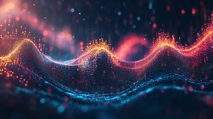 Poster - Vibrant abstract representation of sound waves, featuring colorful light patterns and dots against a dark background.