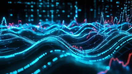 Poster - vibrant data visualization with glowing waves and dynamic patterns representing digital trends and a