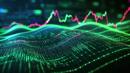 Poster - vibrant data visualization with dynamic wave patterns in green and pink, representing stock market t