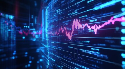 Poster - vibrant digital data visualization showcasing fluctuating graphs and analytics trends with neon colo