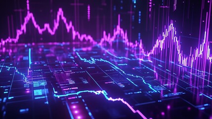 Poster - vibrant digital analytics graph with neon colors illustrating data patterns and trends on a dark bac