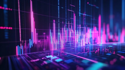 Poster - vibrant digital data visualization with glowing graphs in purple and blue, perfect for tech-related 