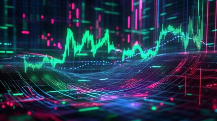 Poster - vibrant digital graph depicting data trends and analytics with colorful lines and bars on a dark bac