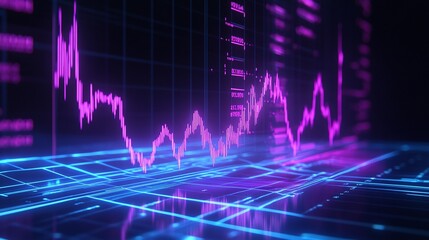 Poster - vibrant digital graph showcasing market trends, depicting fluctuations in data with neon colors on a