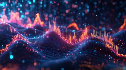 Poster - vibrant digital wave patterns with colorful peaks and flowing lines representing data visualization 