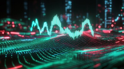 Poster - vibrant digital waveforms in green and red, representing sound and data visualization in a futuristi
