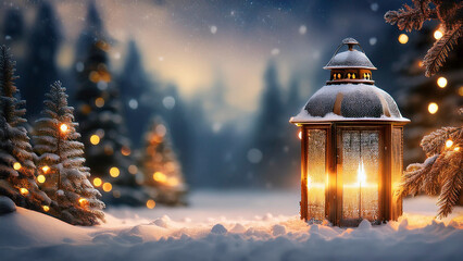 Sticker - Lantern on the background of the winter forest. Christmas background.