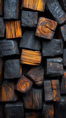 Poster - Close-up of a pile of wooden blocks, some charred and some natural.