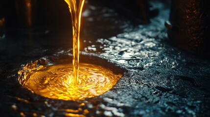 A close-up view of molten gold pouring into a dark mold, creating intricate patterns and highlighting the texture of the surface.