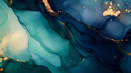 Poster - Discover a stunning abstract art piece with a marble ink design, rich blues, greens, and gold accents.