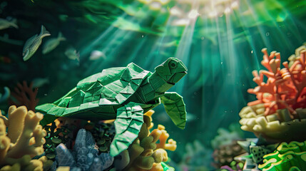 A close-up of an origami sea turtle, with sunlight casting reflections on vibrant coral and swimming tropical fish.