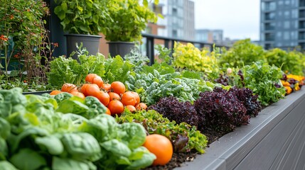 Vibrant garden with fresh vegetables and herbs in urban setting.