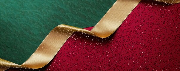 3d render x-mas gold ribbon cascading over red and green festive patterns sparkle, Christmas backdrop