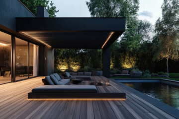 A modern wooden terrace with black roof and wood slats, a swimming pool in thA modern wooden terrace with dark wood flooring and an outdoor seating area, feae background at night illuminated by lights