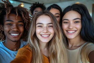 multiracial group of young friends smiling and taking selfies for the camera, asian, african american and european, Generative AI