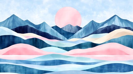 Wall Mural - Abstract Watercolor Mountain Landscape with Pink Sunset and Blue Waves