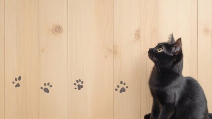 Aufkleber - Minimalist Wooden Background with Black Cat and Paw Prints - Halloween and Technology Inspired Stock