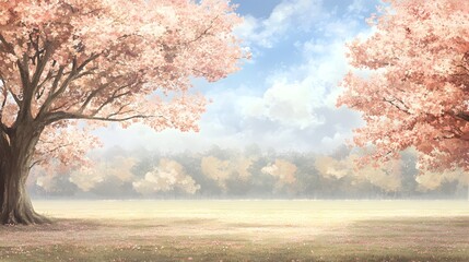 Poster - Tranquil Spring Meadow with Blooming Trees