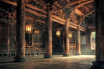 Wall Mural - A serene and ancient Buddhist temple hall, with massive wooden pillars, low-slung roofs, and intricate carvings