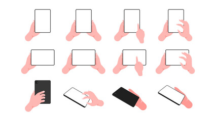 Poster - Hand Holding Tablet Computer Set: Horizontal and Vertical Use with Finger Tapping on Blank Display Screen – Vector Collection