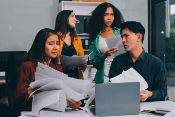 stress, business people and employee frustrated with multitasking, pressure or overworked by team in
