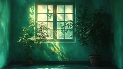 Wall Mural - Serene interior with plants and sunlight streaming through a window.