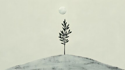 Wall Mural - Minimalist Artwork of a Tree and Moon on a Hill