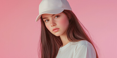 Wall Mural - Beautiful young girl with long hair wearing a white cap and t-shirt, generative AI